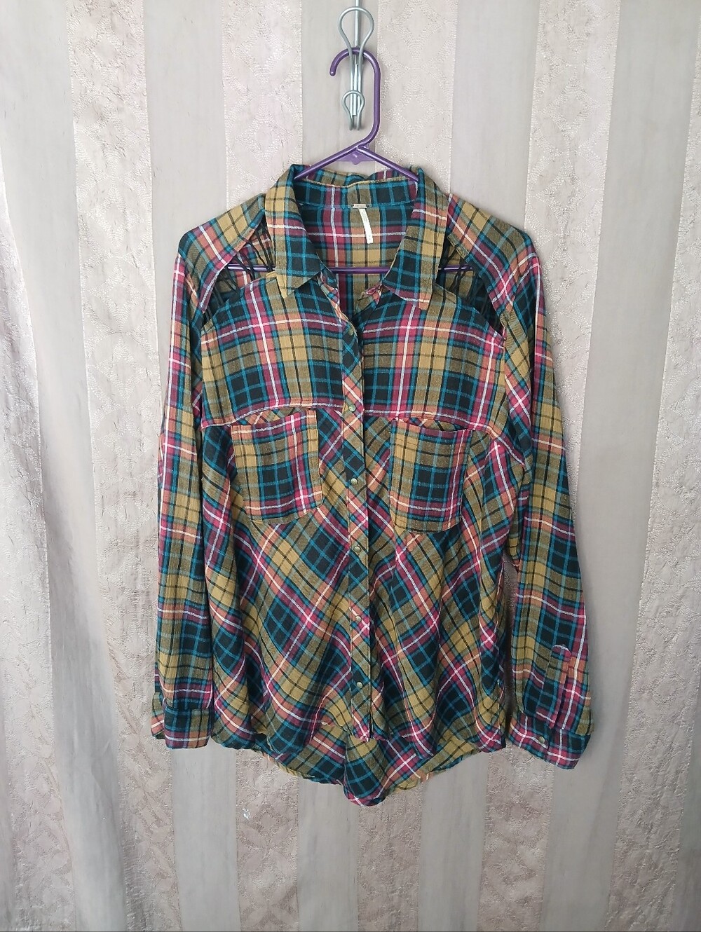 💎 Free People Women's Top Plaid Button-Up Shirt Shoulder Cut Out 0470